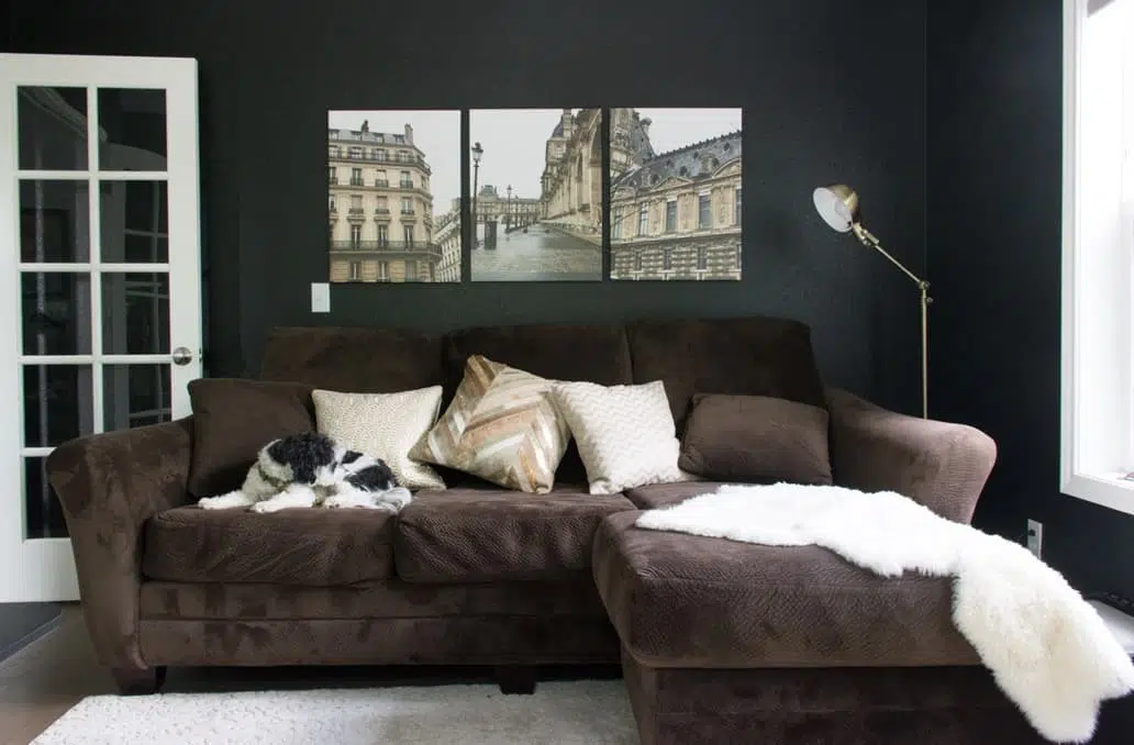 Den with Onyx 2133-10 walls, canvas prints of Paris and brown sofa.