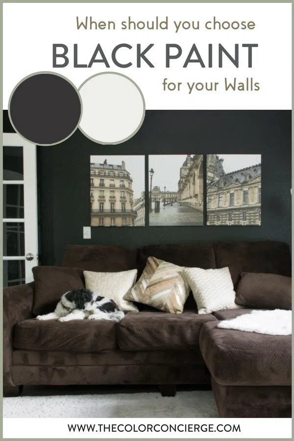 A den with walls painted black using BM Onyx paint color and prints of Paris with a black and white dog and brown couch.