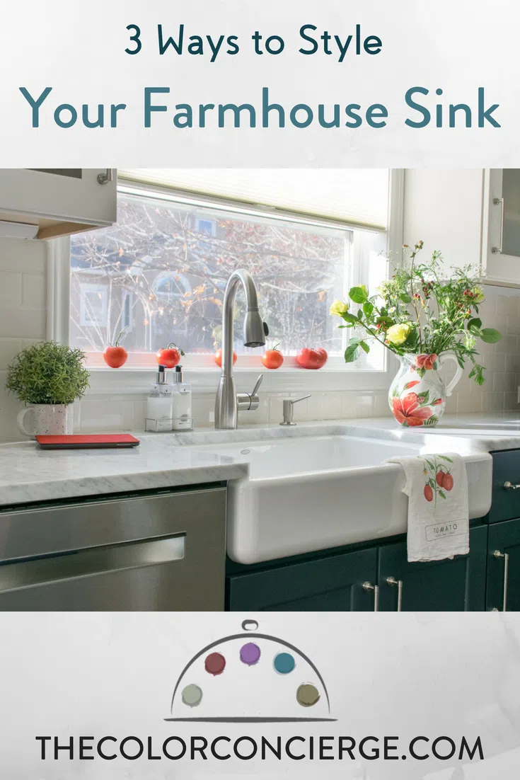 3 Ways to Style Your Farmhouse Sink for a kitchen remodel. Farmhouse sink with tomatoes on a ledge.