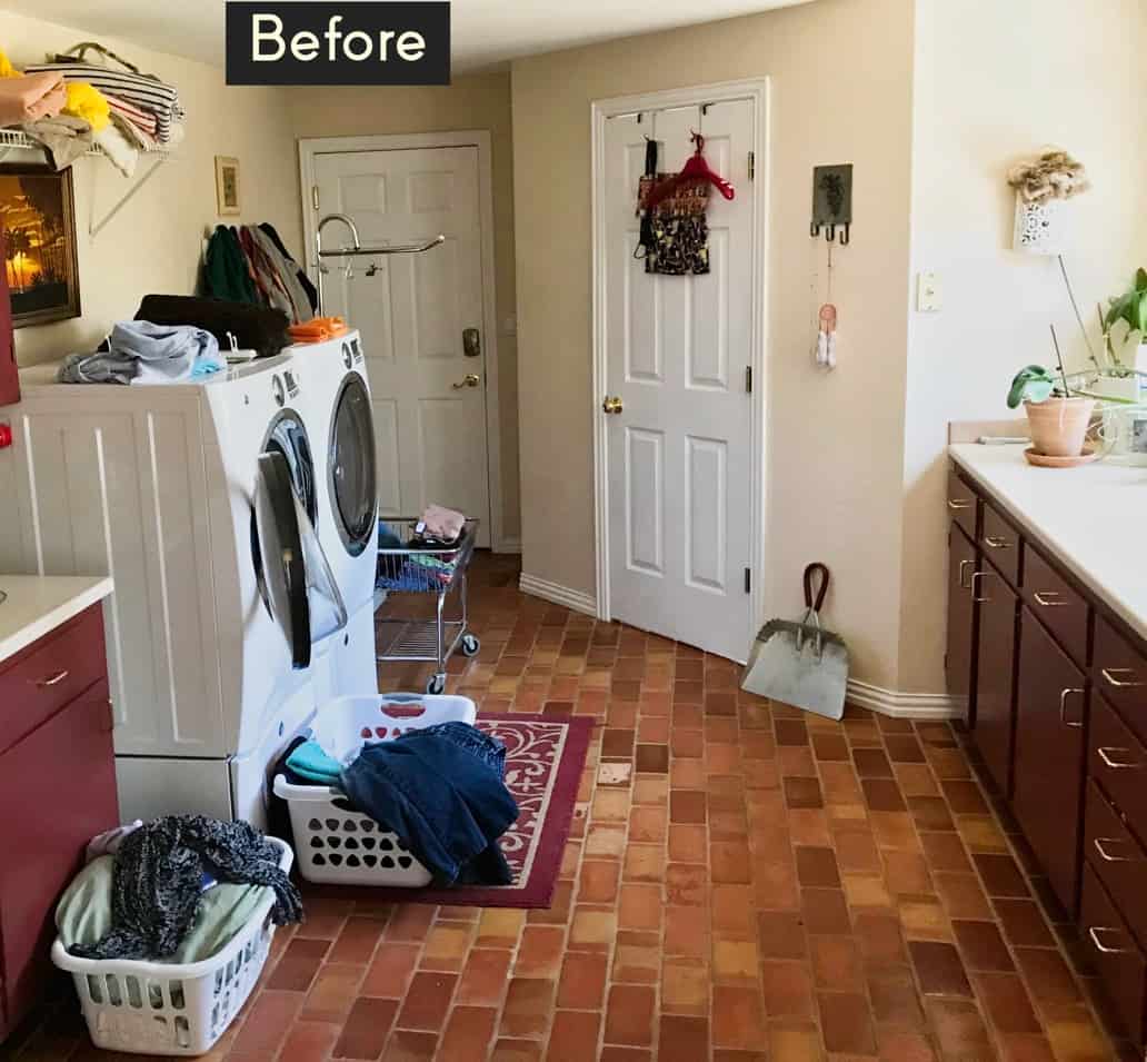 Before picture for a laundry makeover with peach walls and brown cabinets