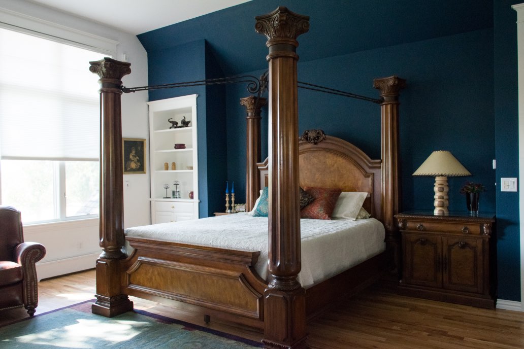 Bedroom with accent wall painted with Benjamin Moore Gentleman's Gray