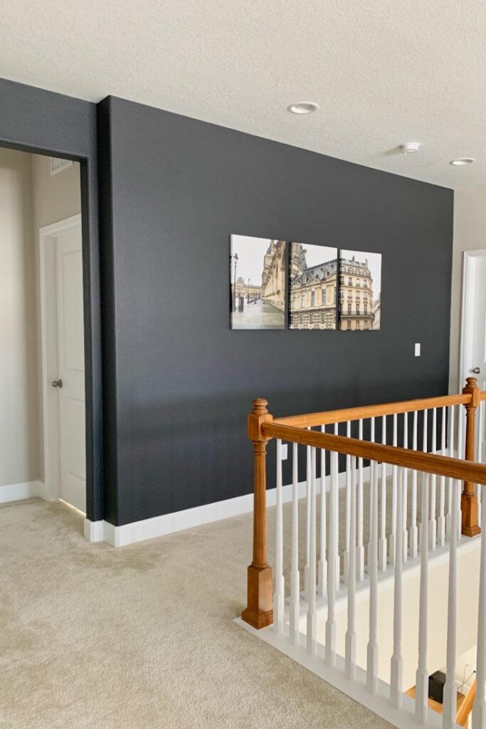 A hallway accent wall with dark paint in a flat sheen