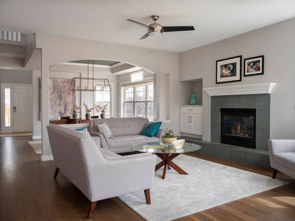 Living room with vermont slate hearth and stonington gray walls