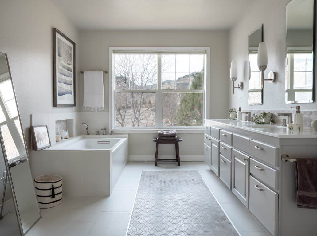 Master bath with pale oak walls and ceiling