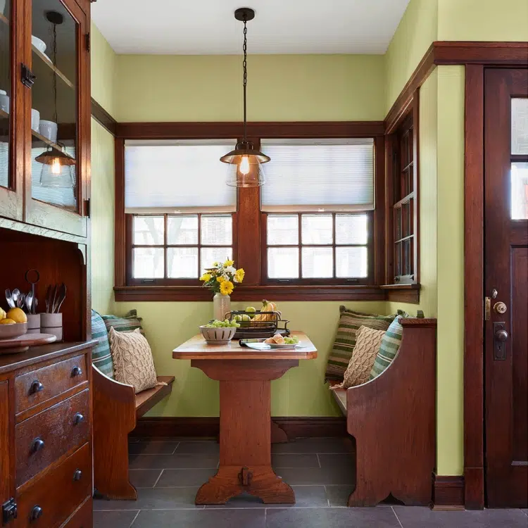 Kitchen Nook painted with Valspar 2020 Palette of the Year color Tempered Sage