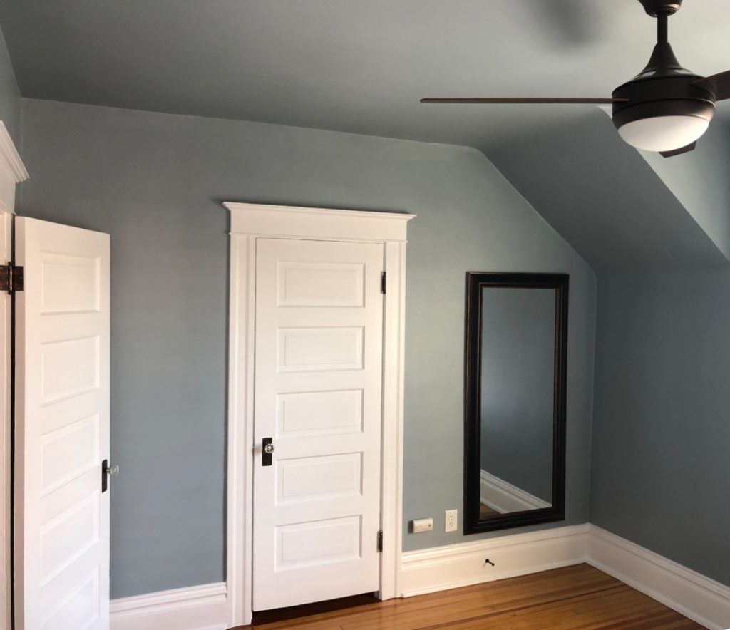 Bedroom walls and ceilings painted with Benjamin Moore Nimbus Gray.