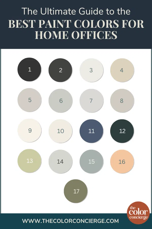 Swatches of the 17 best home office paint colors.