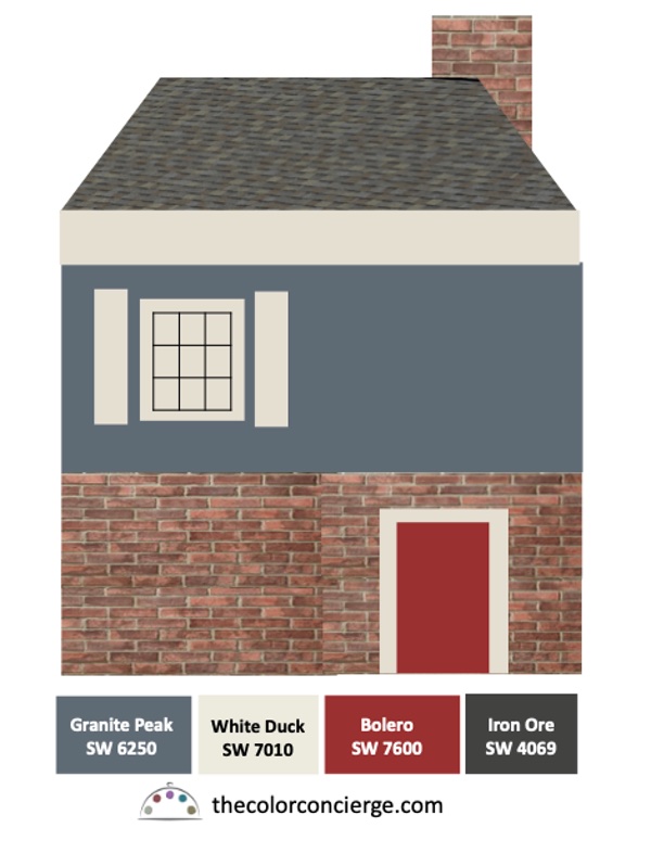 REd brick house with blue paint, white trim and red door