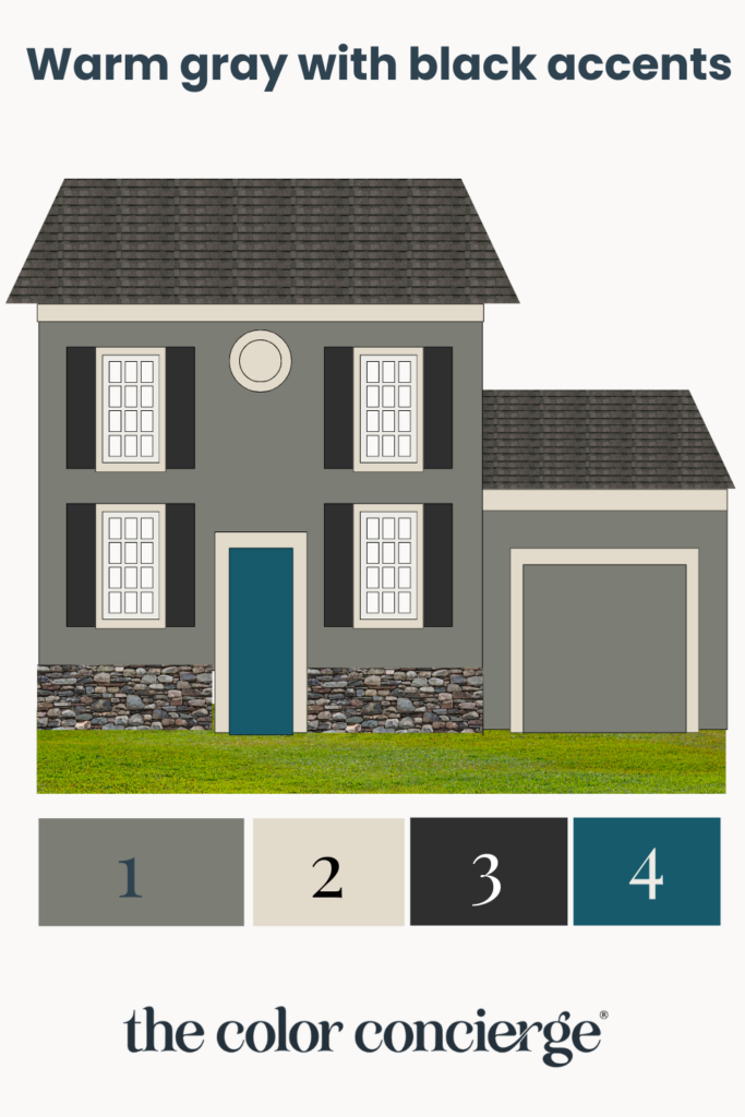 A warm gray exterior color palette with a blue front door. 