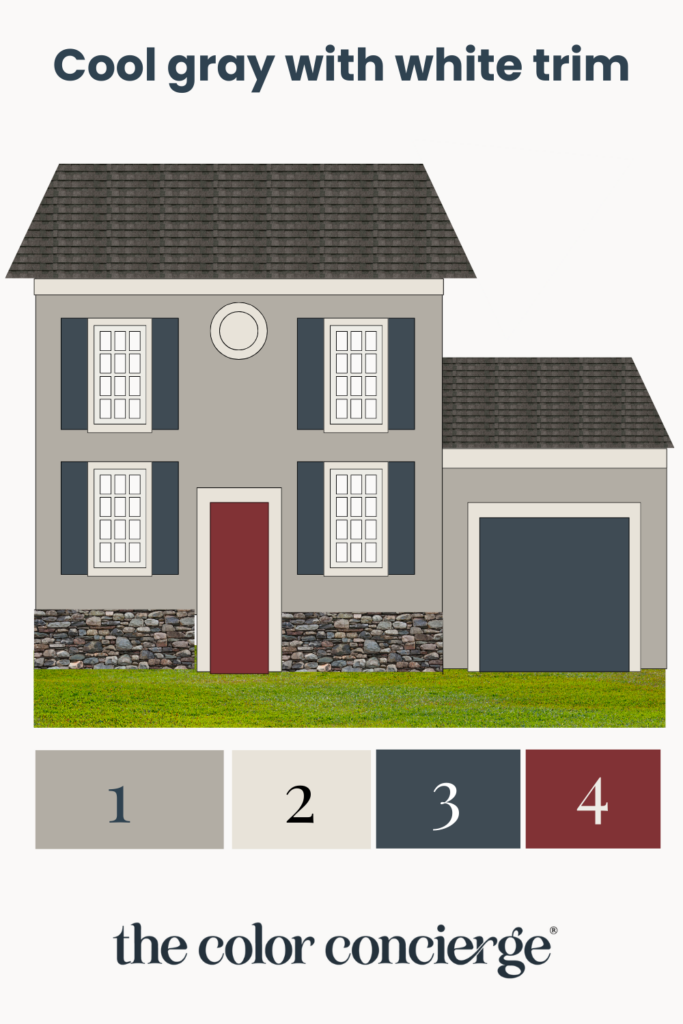 A cool gray exterior color palette with red front door. 