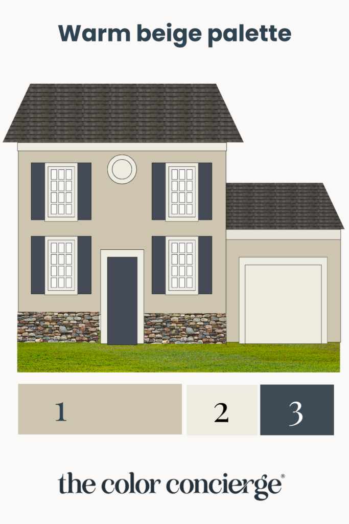 A warm beige exterior color palette with dark accents and warm white trim. 