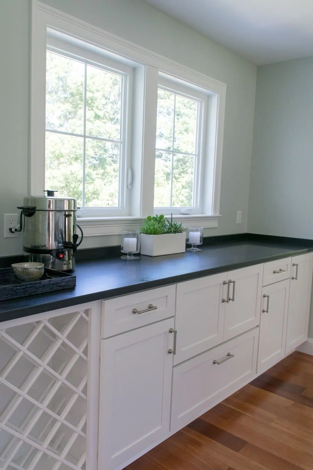 Butler's pantry with SW Sea Salt wall color and SW extra White cabinets