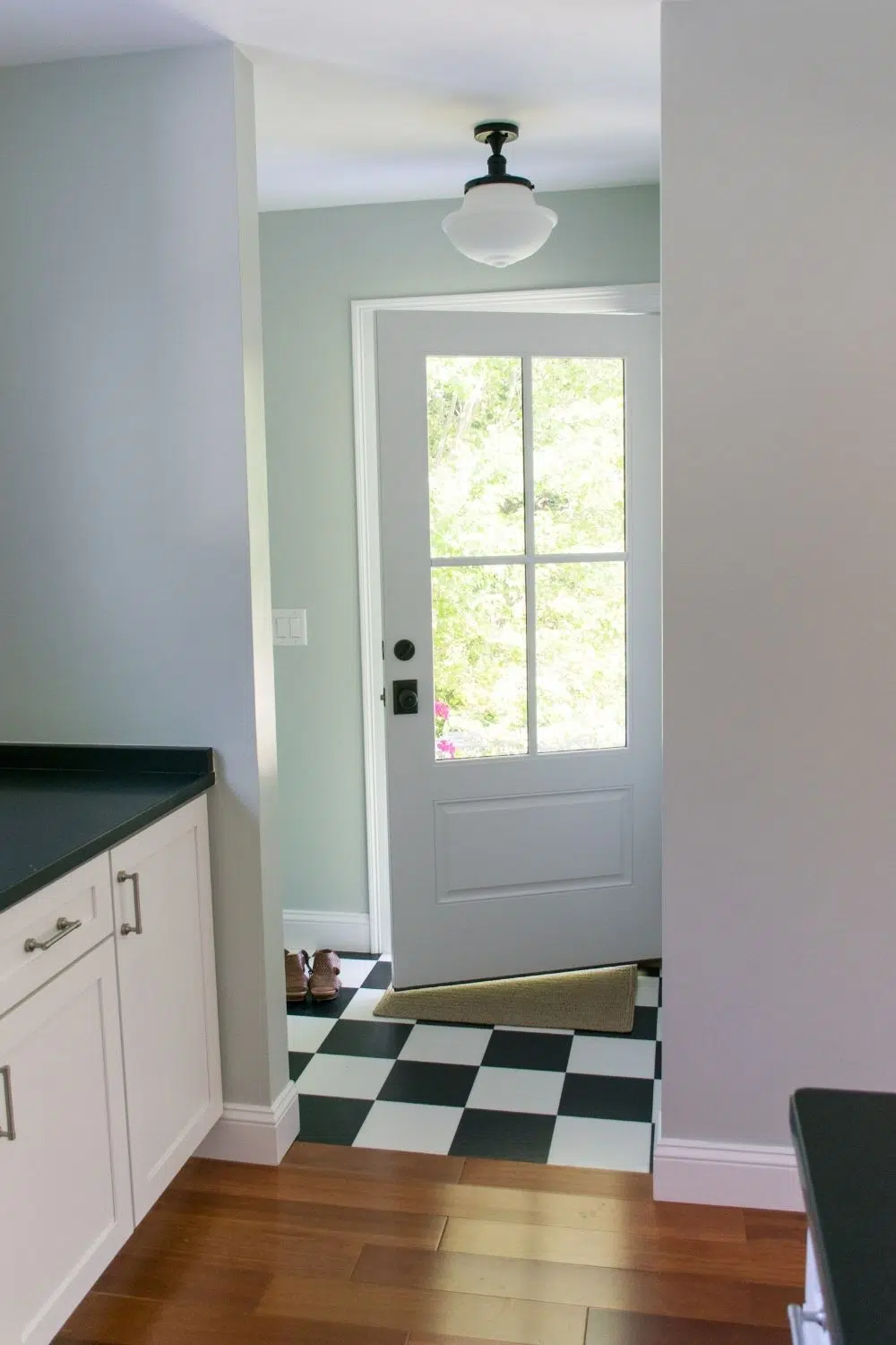 Mud room with SW Sea Salt walls and SW Extra White trim and ceilings