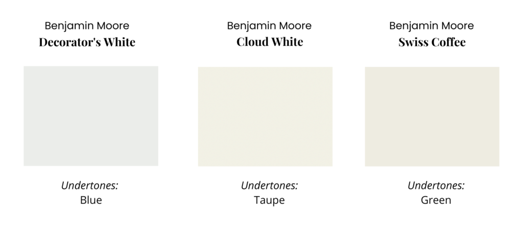 A comparison of three Benjamin Moore white paint color swatches.