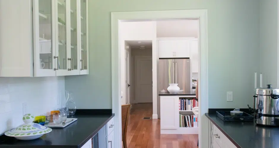 Butler's pantry with SW Sea Salt walls and SW Extra White trim and ceiling