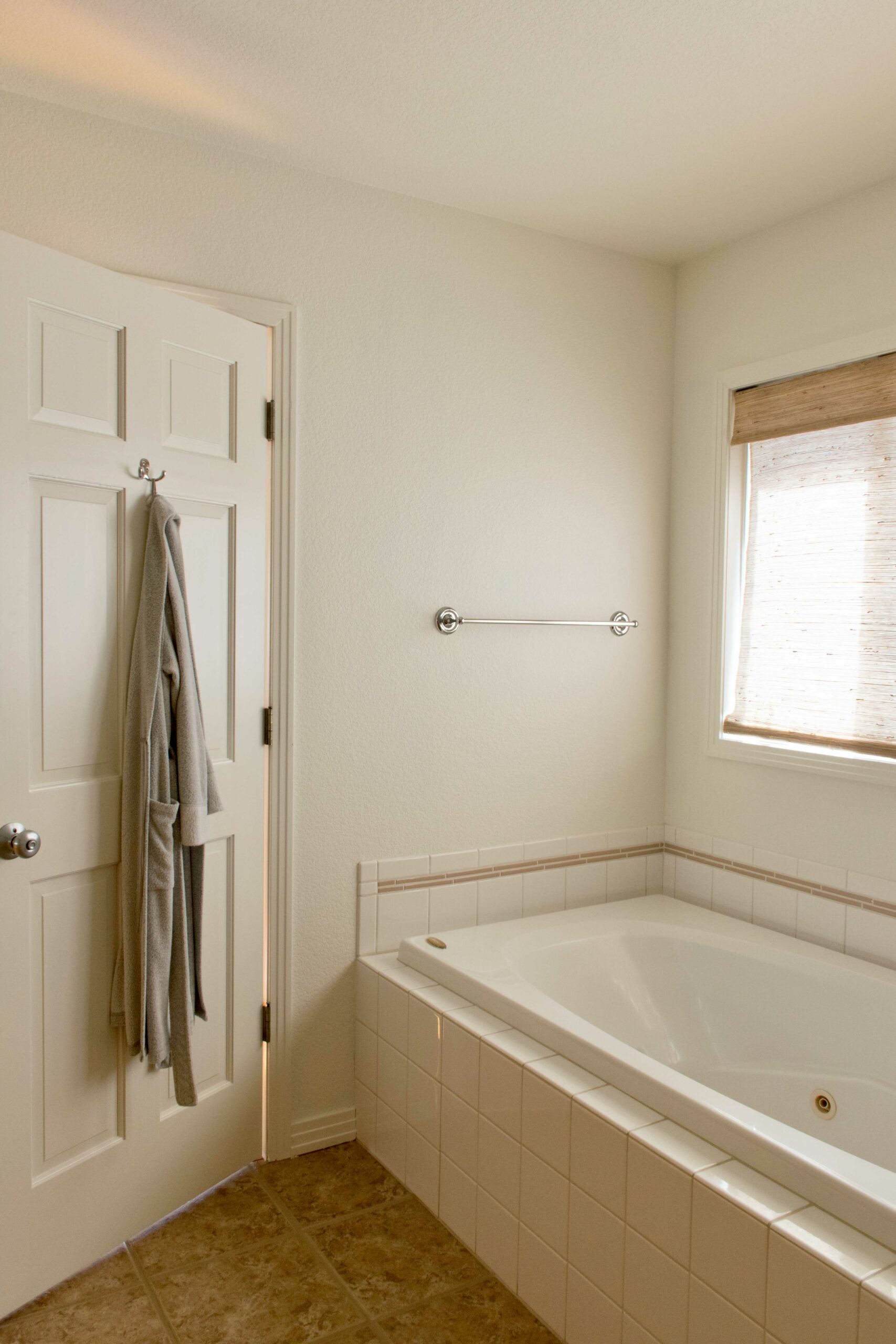 A bathroom painted with BM White Dove, one of the best white paint colors for North-facing rooms