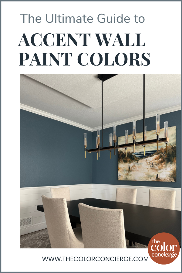 A dining room with accent wall next to the best accent wall paint colors.