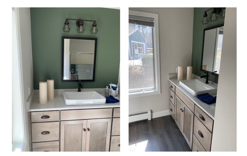 Bathroom vanity wall with BM Rosepine green Accent Wall