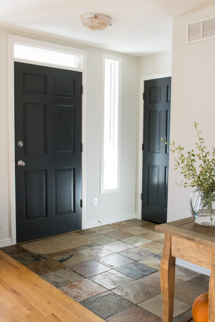Black front door painted with BM Wrought Iron, like SW Iron Ore
