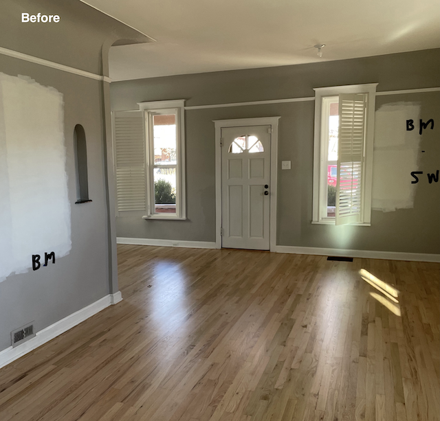 Living room with gray walls and white paint color tests