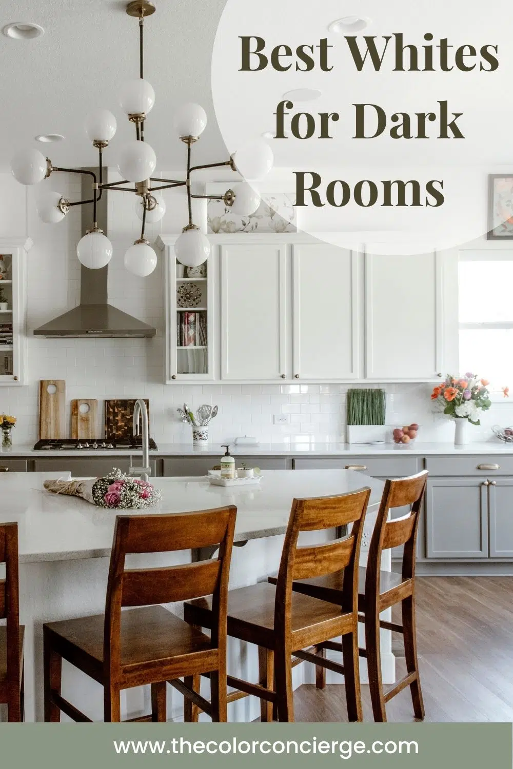 Graphic of white kitchen title Best whites for dark rooms