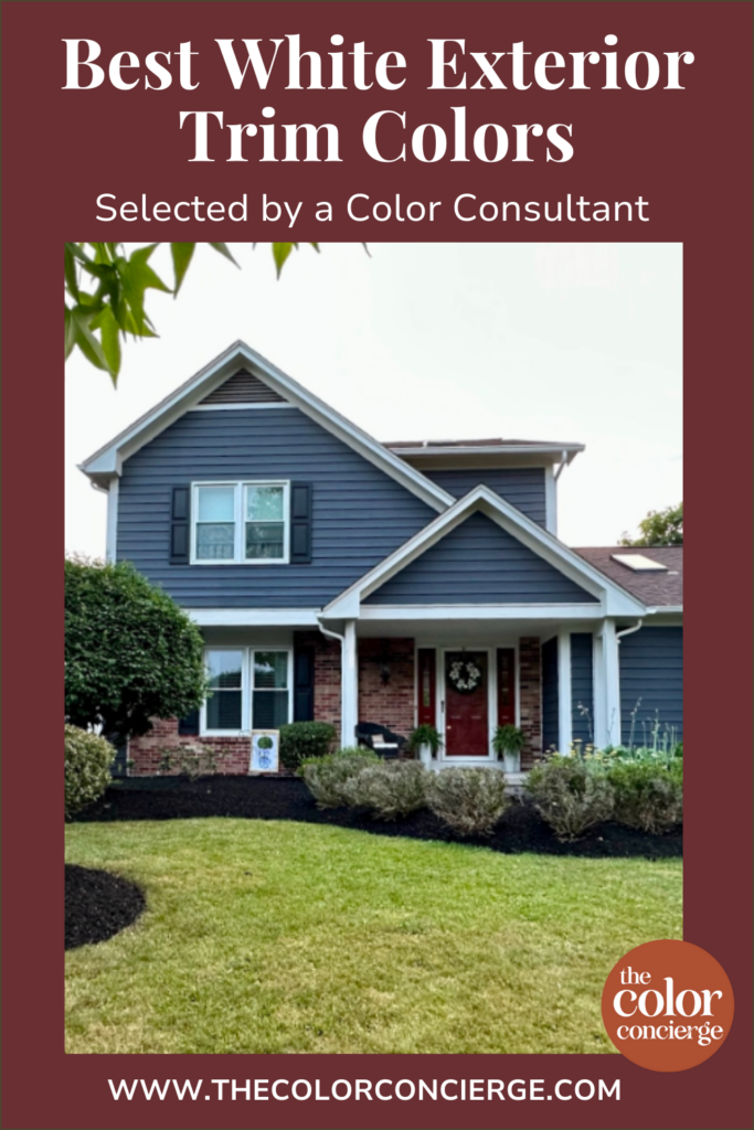 A home with blue exterior paint, red brick and white exterior trim paint
