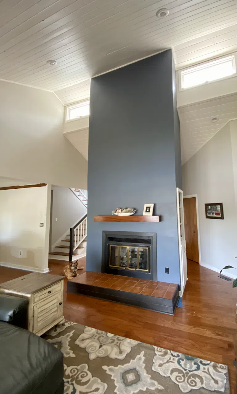 Sherwin-Williams Gray Heron walls with SW Granite Peak Fireplace Accent Wall