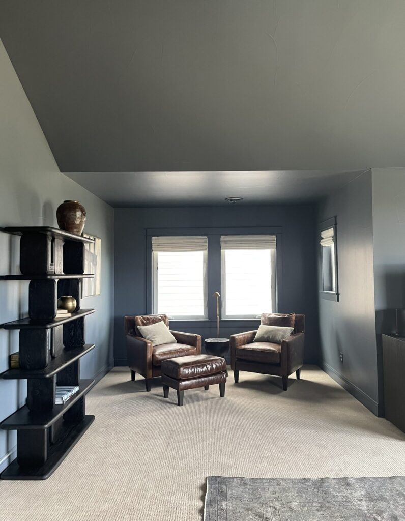 Sitting room color drenched with SW Granite Peak, which is just like BM Britannia Blue.