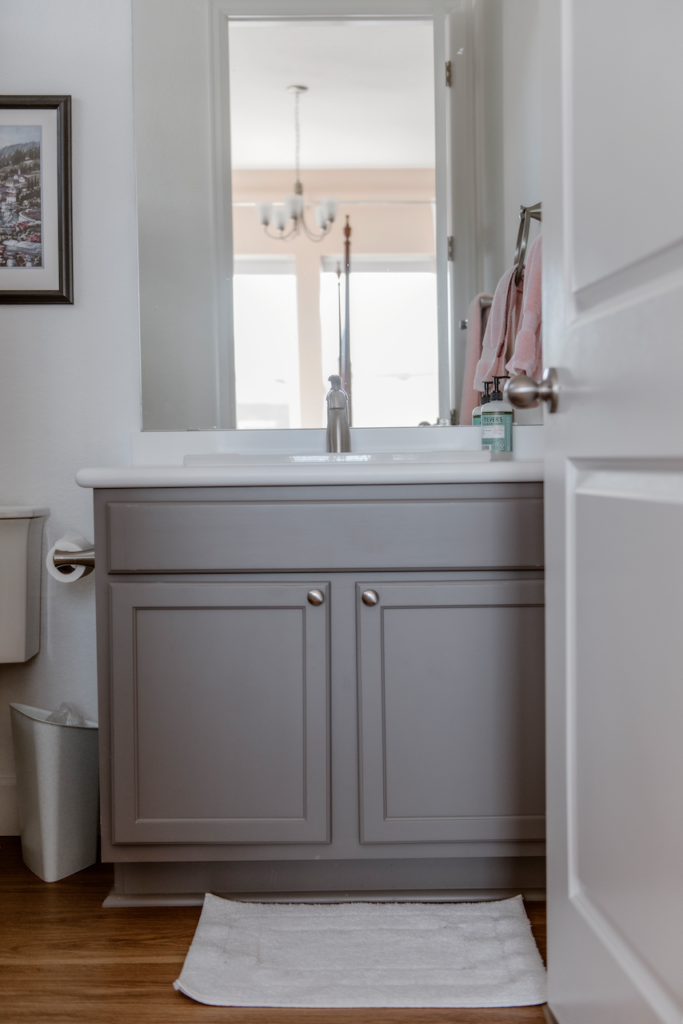 A bathroom features gray cabinets with Farrow & Ball Setting Plaster paint.