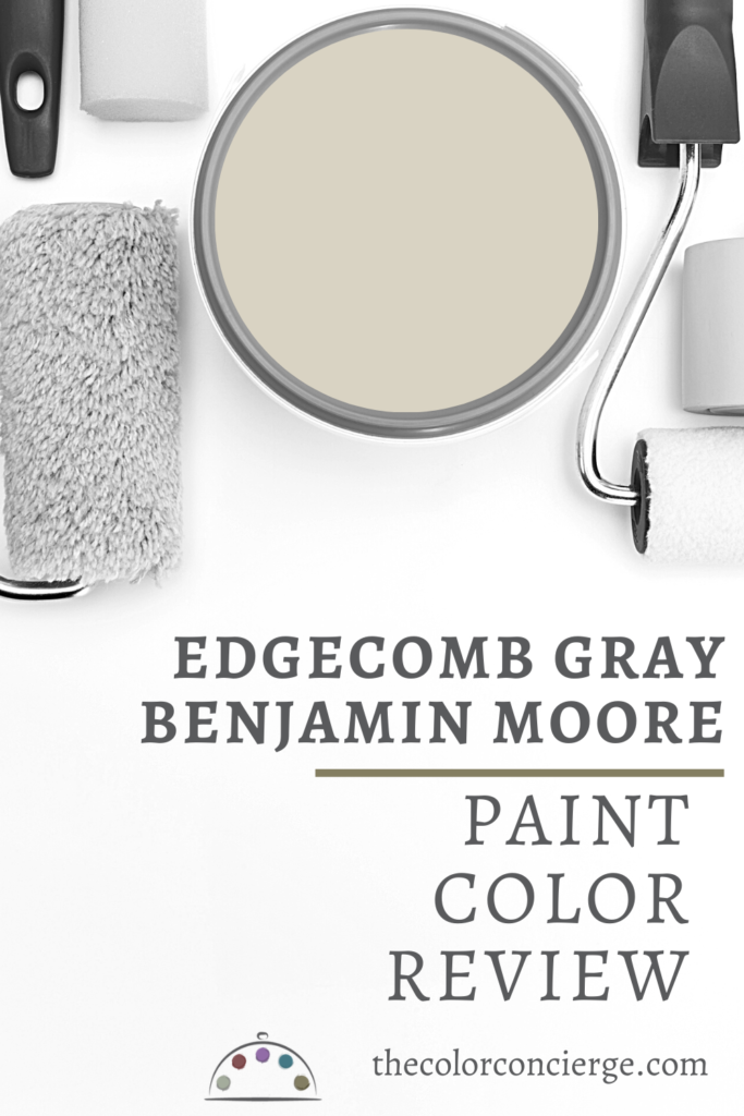 A can of paint on a white background with the text Benjamin Moore Edgecomb Gray paint color review