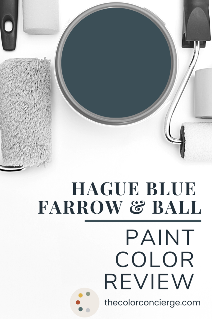 A can of paint with Farrow & Ball Hague Blue paint color inside sits on a white background surrounded by painting tools.