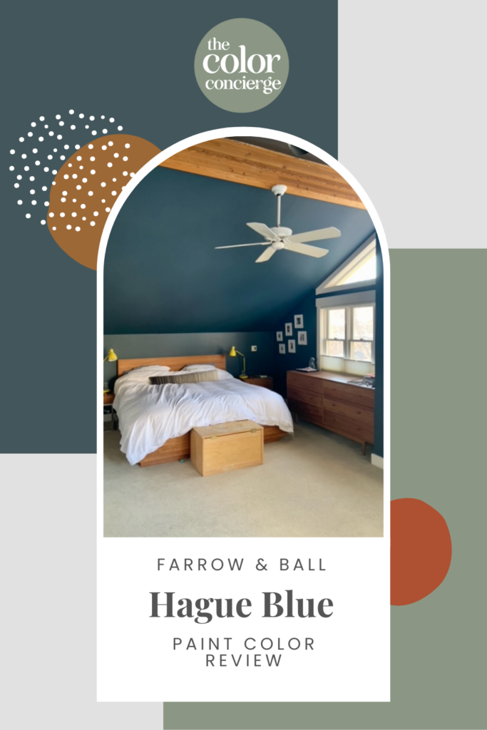 A graphic featuring text about Farrow & Ball Hague Blue Paint Color Review