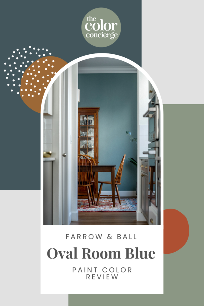 A colorful graphic featuring a wall painted with Farrow & Ball Oval Room Blue
