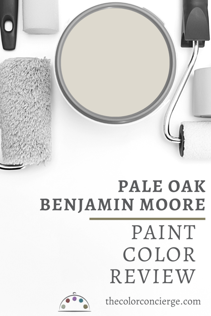 A can of paint sits on a white background with the text "Benjamin Moore Pale Oak" Paint Color Review"