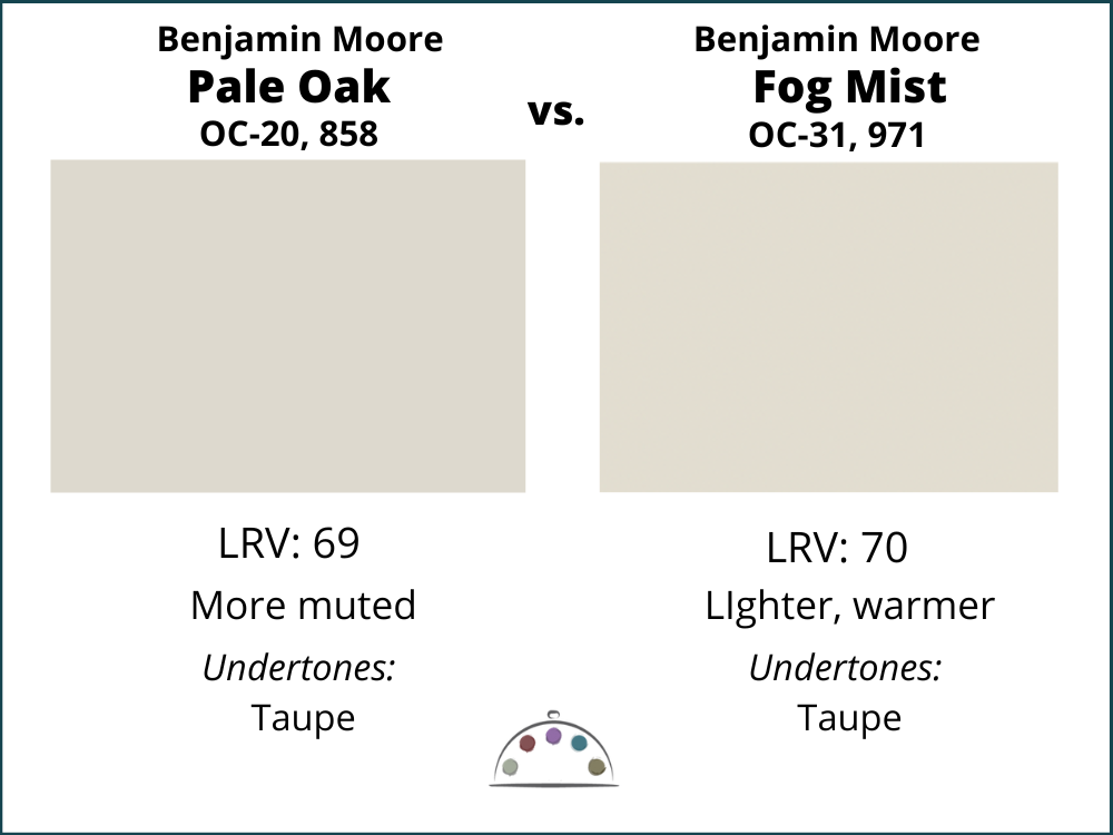 Benjamin Moore Pale Oak vs Benjamin Moore Fog Mist paint swatches