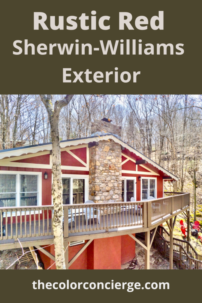 A home is painted red with text overlay that says Sherwin Williams Rustic Red paint color review