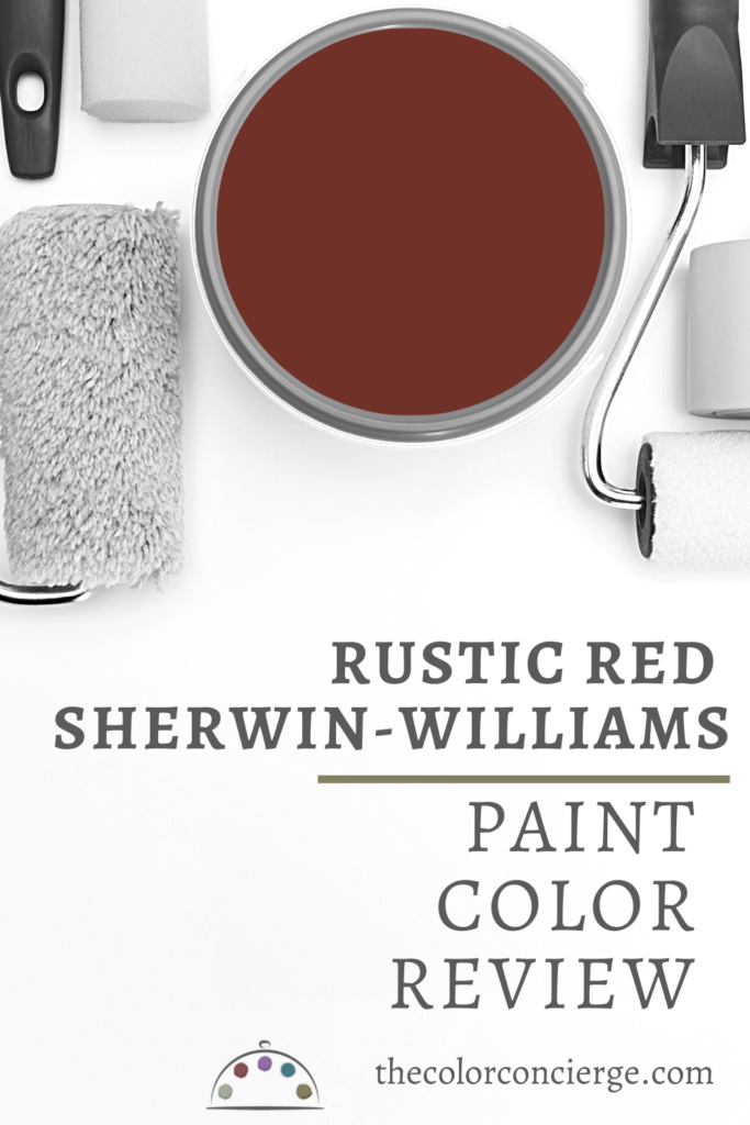 A red can of paint sits on a white background with the text Sherwin-Williams Rustic Red paint color review