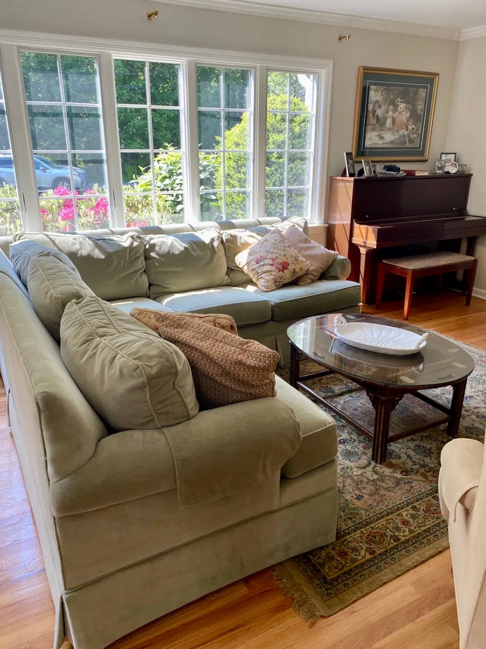 Benjamin Moore Edgecomb Gray paint is on the walls of this living room with White Dove trim.
