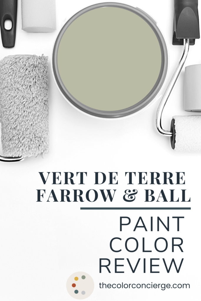 A can of paint full of Farrow & Ball Vert de Terre paint