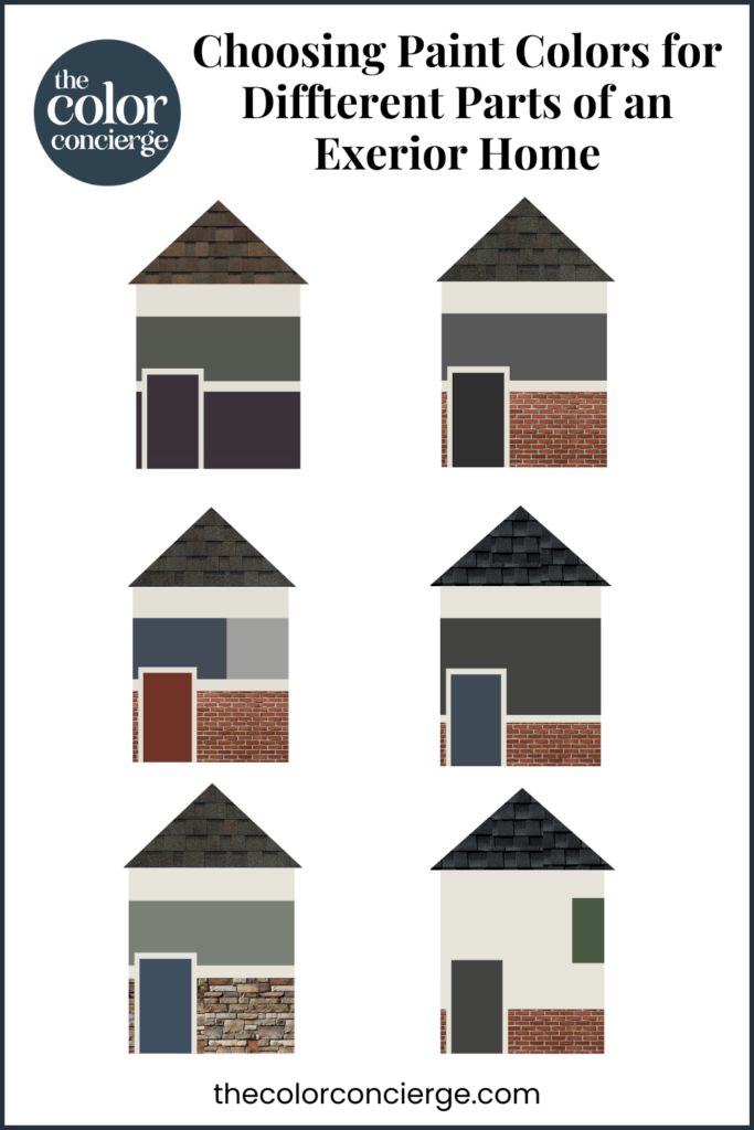 Six paint color palettes as part of a guide to choosing exterior paint colors