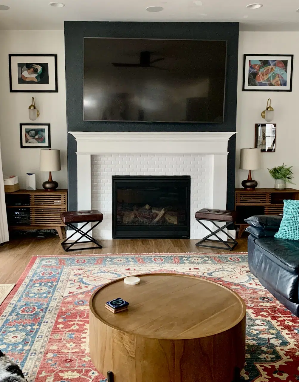 A Cyberspace accent wall with a fireplace