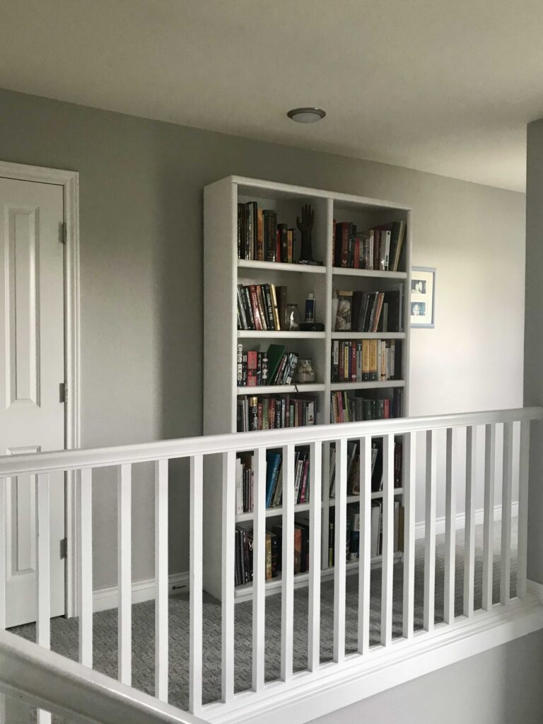 Stonington Gray walls with Chantilly Lace bookcase