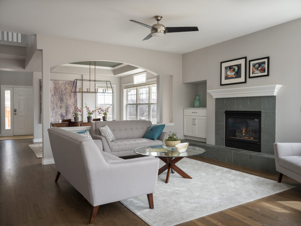 A Stonington Gray living room and open concept first floor