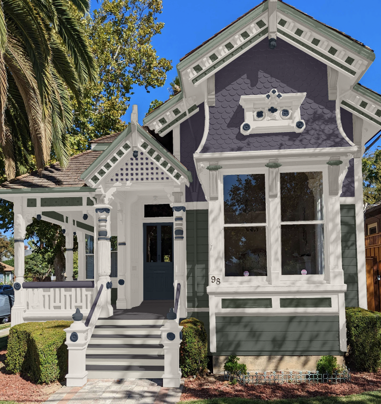 Purple and green exterior paint colors for Victorian homes shown on a Florida house