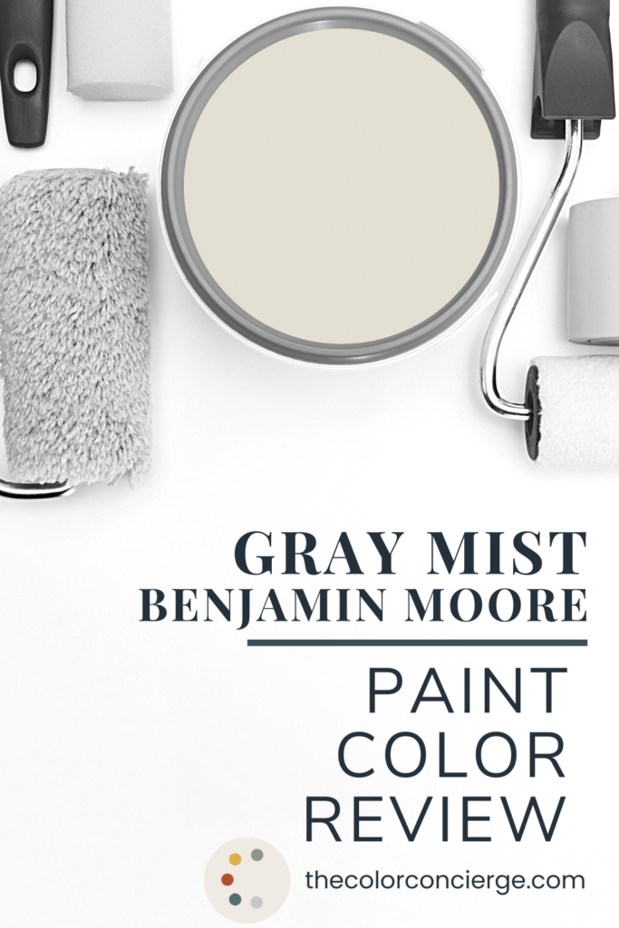 Benjamin Moore Gray Mist paint color in a paint can