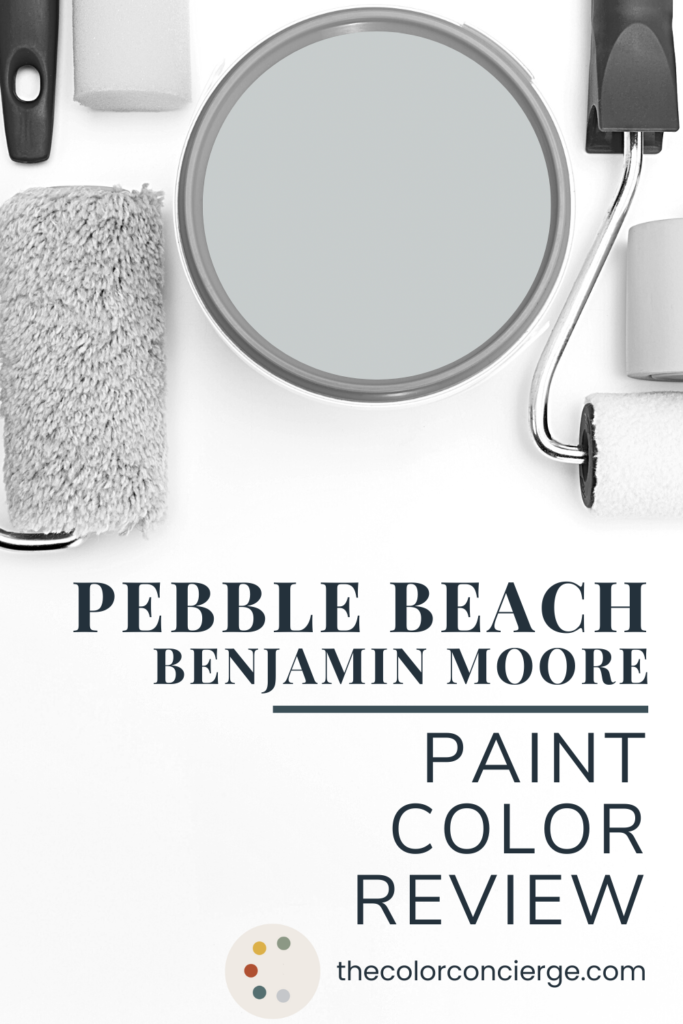 A can of paint with BM Pebble Gray paint inside of it