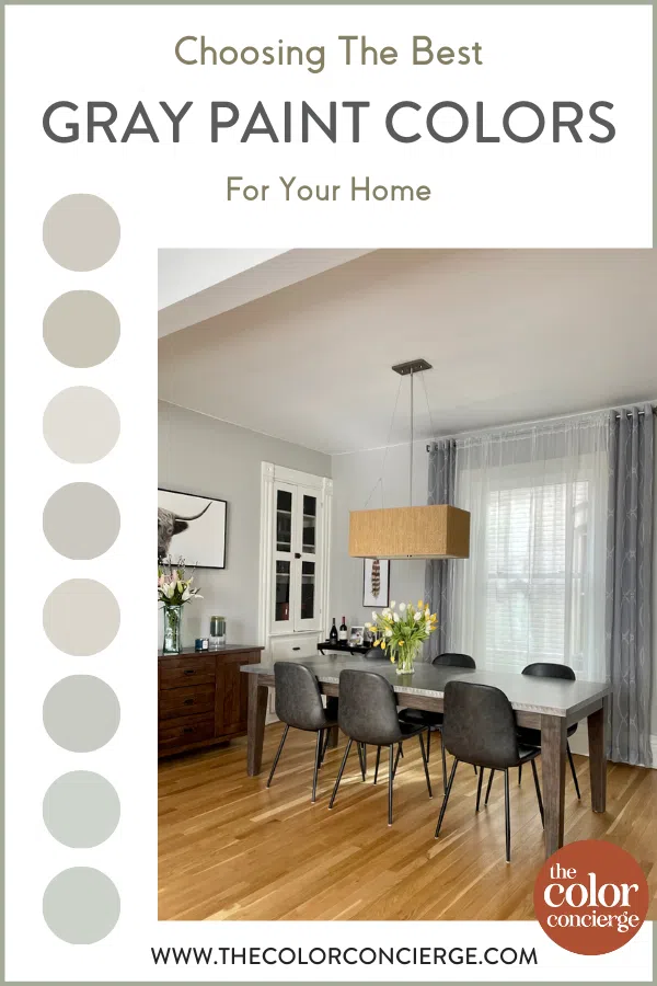 Gray Paint Color graphic with a photo of a dining room painted gray.