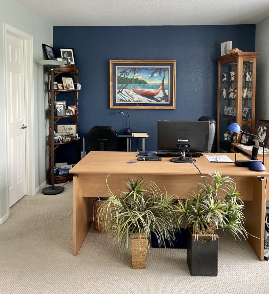 Office with BM Kensington Blue Accent wall and Sea Salt walls.