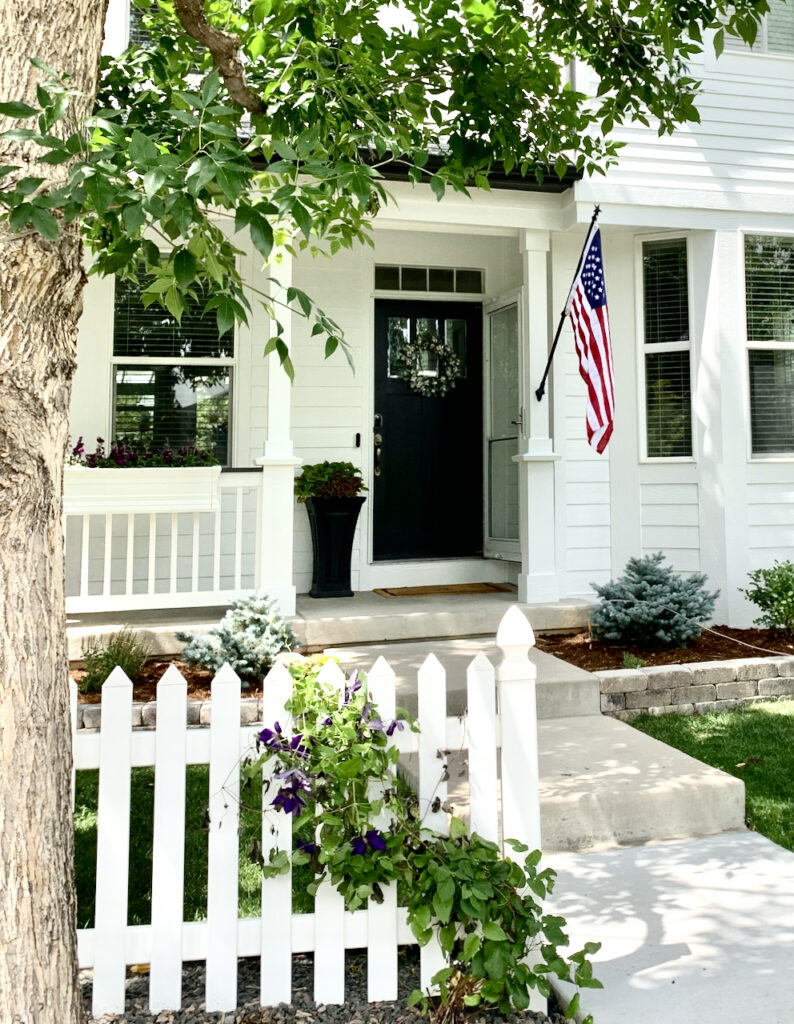 This black and white exterior paint color palette includes an SW Iron Ore front door with white siding.