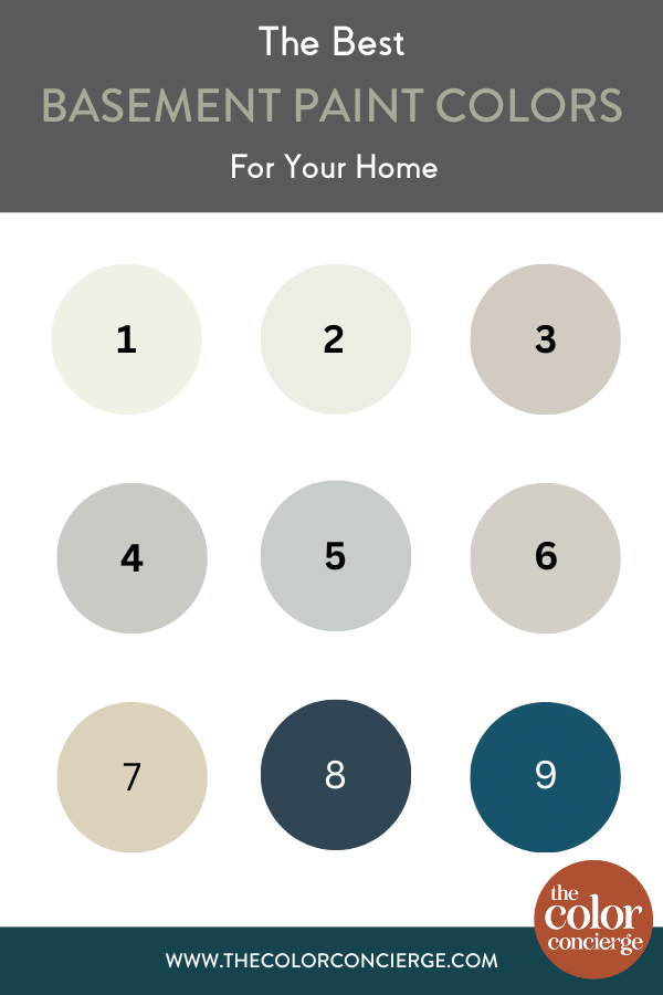 A series of color swatches of the 9 best basement paint colors.